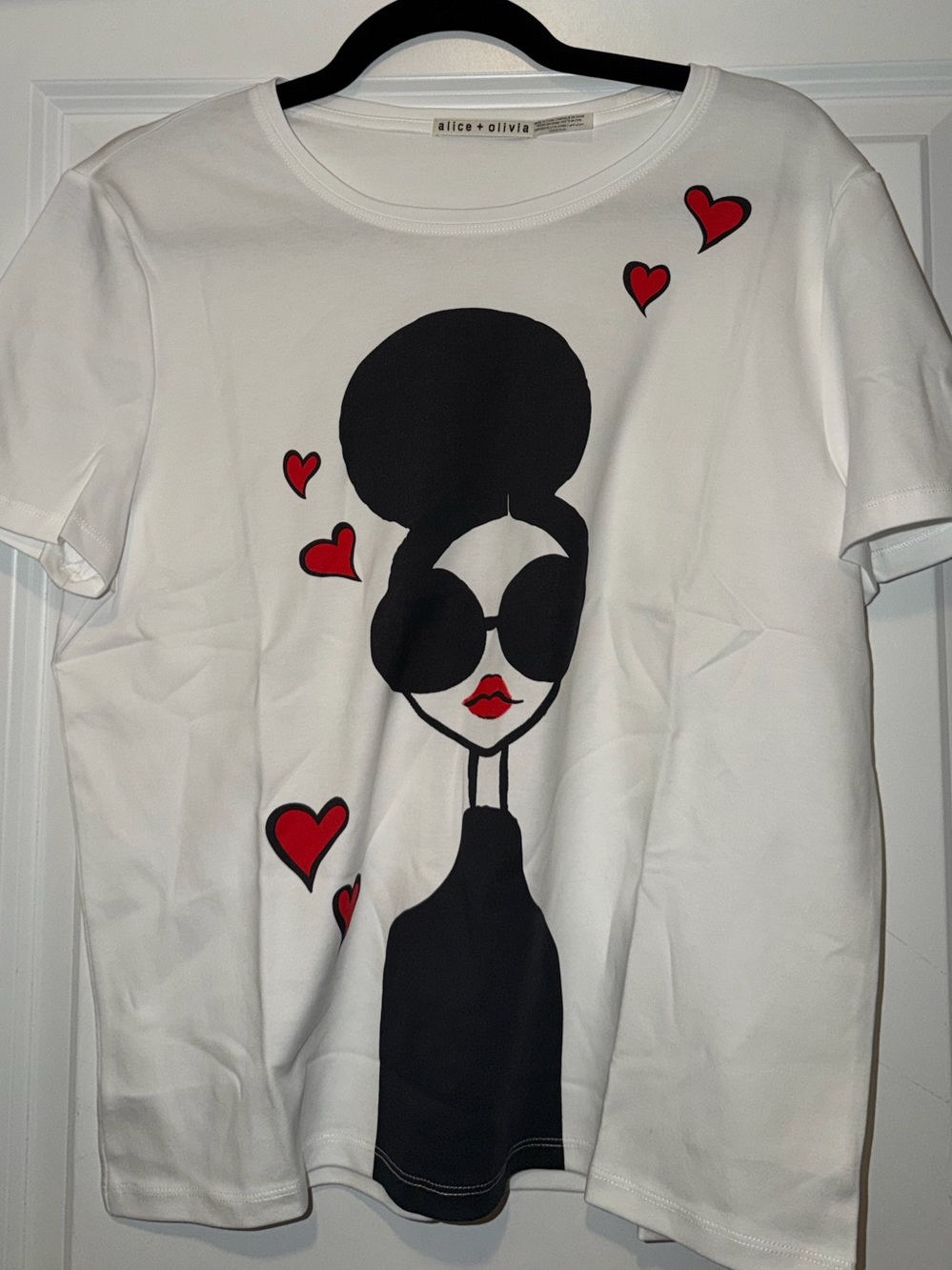 Alice + Olivia White Tee with Black Graphic and Red Heart Accents